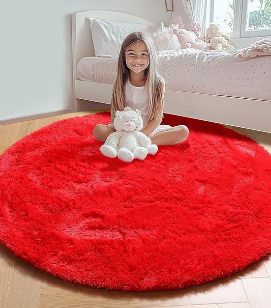 ONASAR Red Round Area Rug 4x4, Soft Bedroom Circle Rugs Floor Mat for Kids Girls Teen Room, Kawaii Fluffy Plush Shaggy Carpet for Nursery Living Room Playroom Christmas Home Decor Princess Castle