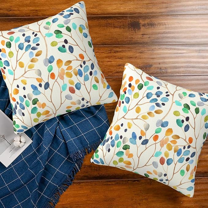Throw Pillow Covers Colorful Leaves Spots Pillow Covers 18x18 Inch Set of 2 Boho Floral Throw Pillows Decorative Pillow Cases Cushion Covers for Bedroom Livingroom Sofa Farm House