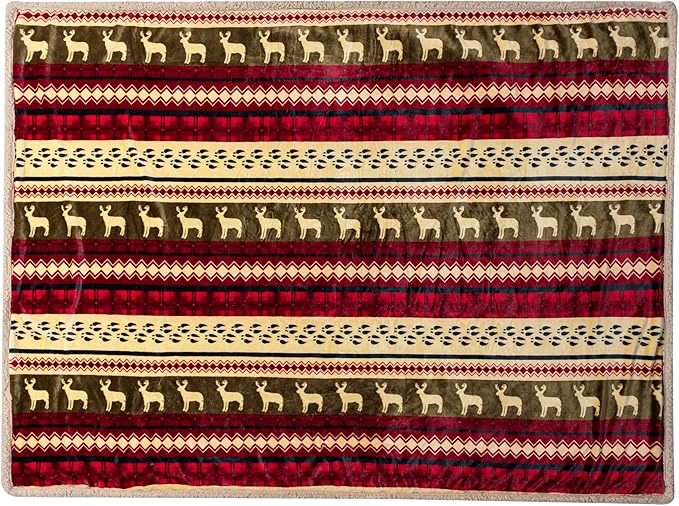 PAVILIA Premium Christmas Sherpa Throw Blanket, Green Red Cabin Design with Reindeer Print, Ultra Soft Reversible Fleece & Sherpa 60x80 Cozy Winter Blanket, Cozy Christmas Holiday Decor