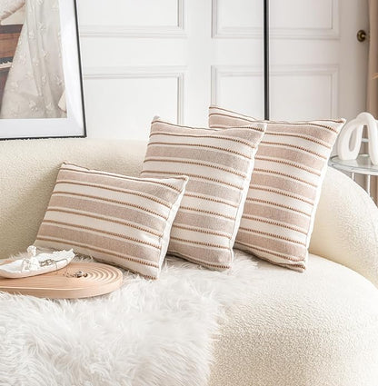 Decorative Boho Throw Pillow Covers, Farmhouse Textured Pillow Case, 20 x 20 Inch Set of 2, Chair Sofa Bedroom Living Room Home Decor Couch Cushion Case, Brown and Beige Striped