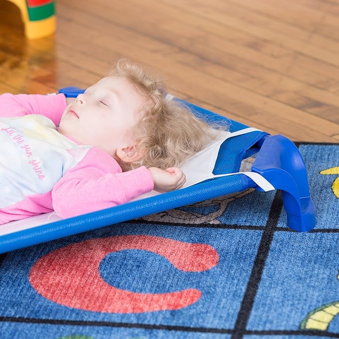 Sprogs Heavy-Duty Stackable 40"L Daycare Cots for Toddlers Ages 1 to 2, Stacking Preschool Classroom Toddler Cots for Sleeping, Resting, Naptime, Pack of 24, Blue
