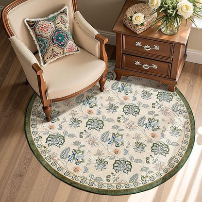 jinchan Elora 4ft Floral Round Rug for Entryway Washable Rug Vintage Romance Christmas Design Non Slip Indoor Doormat Lightweight Low-Profile Throw Carpet for Living Room Dining Room, Green/Beige