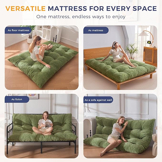 MAXYOYO Japanese Floor Mattress Queen Size, 6" Foldable Futon Mattress Tufted Roll Up Floor Bed, Thick Chenille Tatami Mat Sleeping Pad for Camping Guest Room Dormitory Bedroom RV, Green