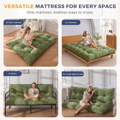 MAXYOYO Japanese Floor Mattress Queen Size, 6" Foldable Futon Mattress Tufted Roll Up Floor Bed, Thick Chenille Tatami Mat Sleeping Pad for Camping Guest Room Dormitory Bedroom RV, Green