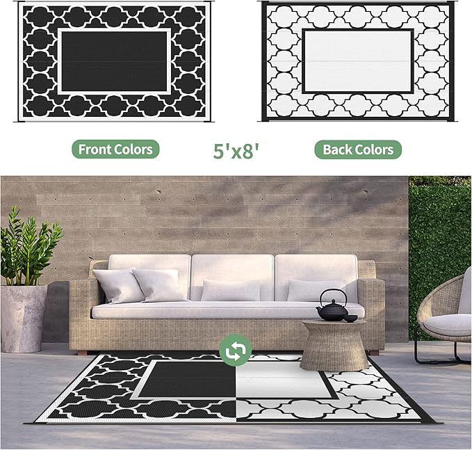 GENIMO 5' x 8' Outdoor Rug Waterproof for Patio Decor, Foldable Reversible Plastic Straw Area Rugs Mat for Camper, Outside Carpet for Rv, Deck, Porch, Picnic, Beach, Balcony, Black & White