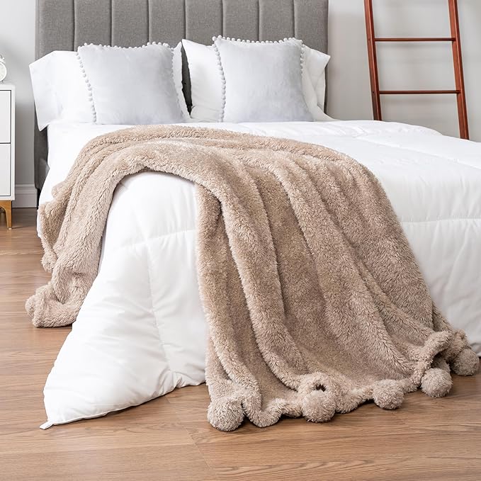 PAVILIA Taupe Sherpa Throw Blanket for Couch, Warm Plush Pom Pom Blanket Throw, Tan Fuzzy Sofa Throw, Lightweight Soft Cozy Fluffy Blanket with Pom Poms, Light Brown, 50x60