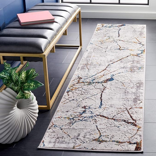 SAFAVIEH Amelia Collection Runner Rug - 2' x 10', Grey & Blue Gold, Modern Abstract Design, Non-Shedding & Easy Care, Ideal for High Traffic Areas in Living Room, Bedroom (ALA293M)