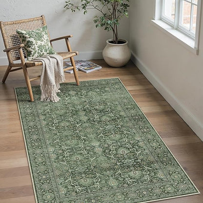 Green Area Rug 3x5 Washable Office Entryway Carpet Soft Vintage Indoor Kitchen Living Room Door Mat Traditional Retro Distressed Thicker Throw Small Rug Bedroom Dining Room Bathroom