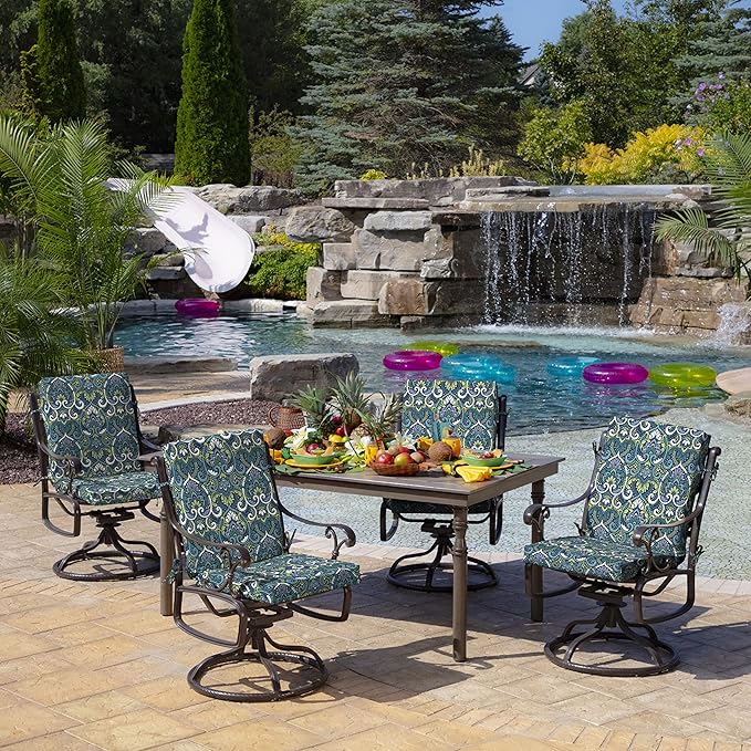 Arden Outdoor Dining Chair Cushion, 2 Pack, 20 x 20, Rain-Proof, Fade Resistant, Sapphire Aurora Blue Damask