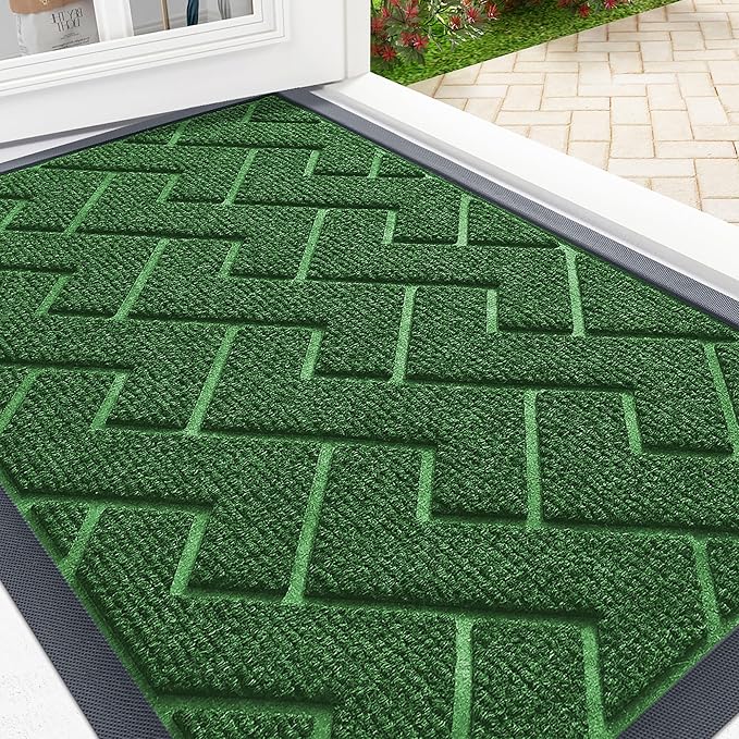 OLANLY Front Door Mat Indoor Outdoor Entrance, Waterproof All-Season, All-Weather Doormat, Sturdy Natural Rubber, Low Profile, Easy Clean Patio Porch Entryway Mat, Herringbone Brick (Green, 29.5x17)