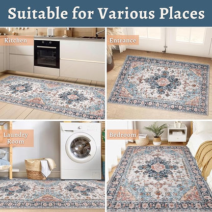 Tangsoo 2x10 Washable Runner Rug for Hallways, Non Slip Vintage Runner Rug, Soft Low Pile Long, Print Distressed Blue/Orange Carpet Runners for Kitchen Bedroom Entryway Bathroom Living Room
