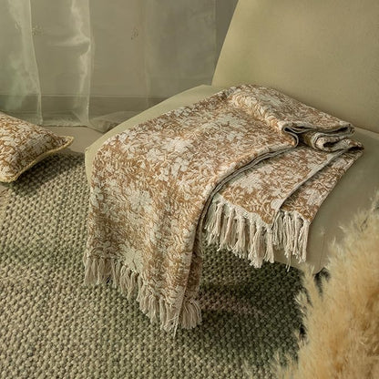 100% Pure Cotton Handblock Printed Throw Blanket, Soft 50" x 60" Fringed Floral Print Throw for Couch, Sofa, Chair, Bed - Cozy, Machine Washable, Comfortable Home Decor