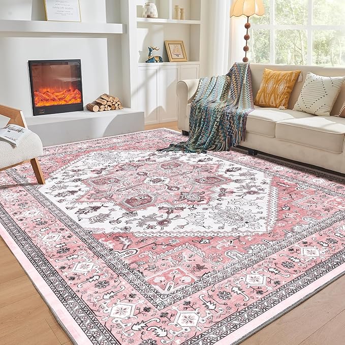OPPODREAM Thin Area Rugs 4x6, Low-Pile Washable Rugs 4x6 with Non Slip Backing, Faux Cashmere 4 x 6 Throw Carpet, Pink & Cream