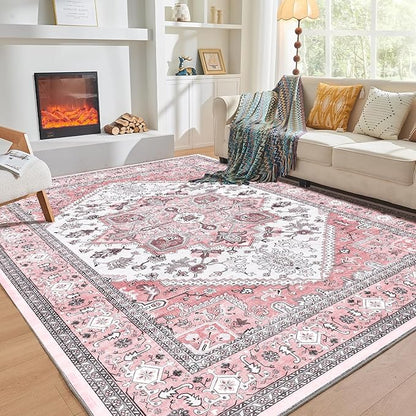 OPPODREAM Thin Area Rugs 4x6, Low-Pile Washable Rugs 4x6 with Non Slip Backing, Faux Cashmere 4 x 6 Throw Carpet, Pink & Cream