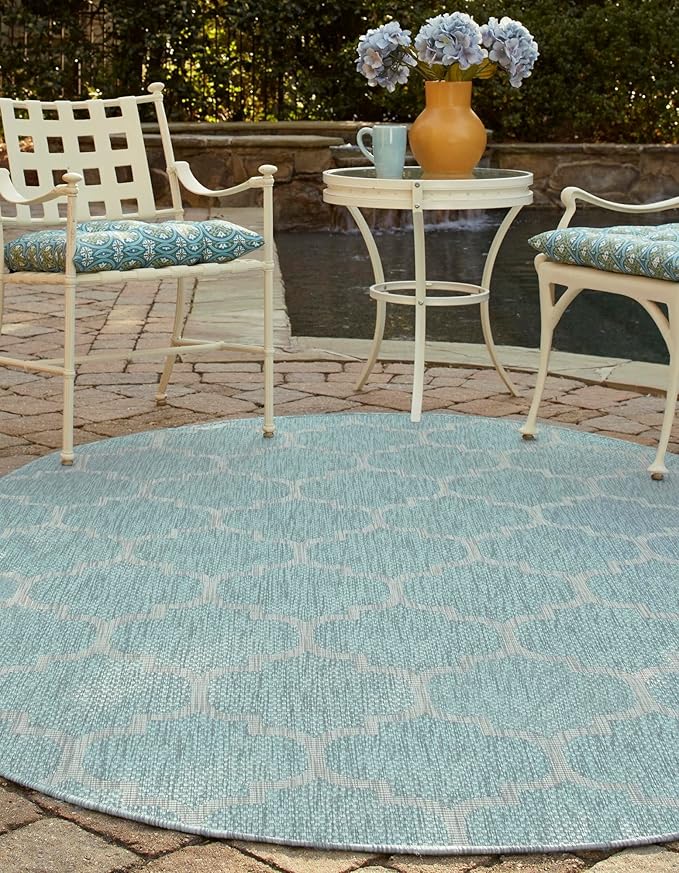 Unique Loom Outdoor Trellis Collection Area Rug (5' 1" x 8' Oval, Aquamarine/ Gray)
