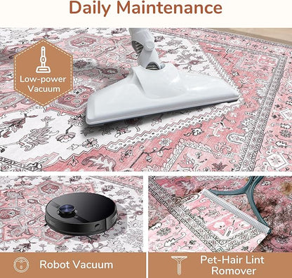 OPPODREAM Thin Area Rugs 4x6, Low-Pile Washable Rugs 4x6 with Non Slip Backing, Faux Cashmere 4 x 6 Throw Carpet, Pink & Cream