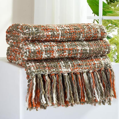 Multi-Color Orange Cable Knitted Throw Blanket for Couch,50"X60" Boho Style Textured Blankets for Home Decor,Super Soft Warm Cozy Chunky Knit Blanket with Decorative Tassels for Bed and Sofa