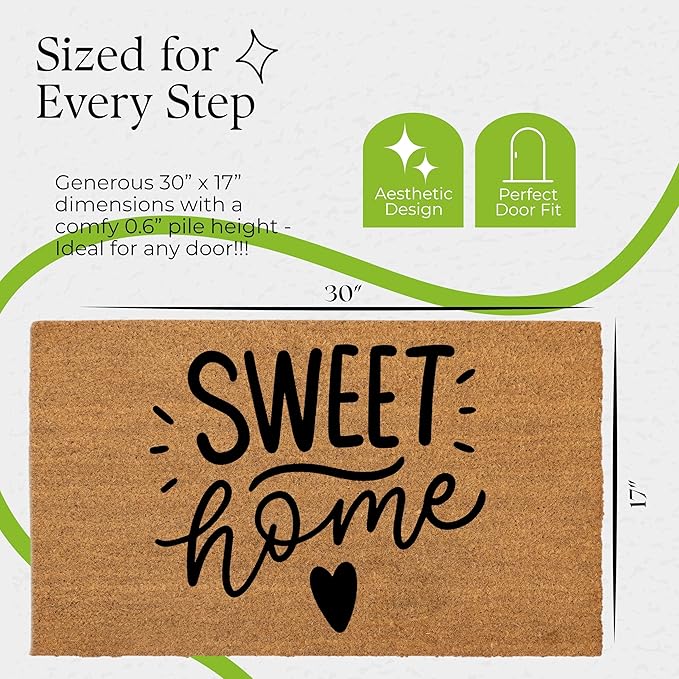 Coir Door Mats 17" X 30", Non-Slip Sturdy, PVC Backed Heavy Duty, Easy to Clean, Ideal for Door Entrance, Patio, Porch, Backyard, Garages, Sweet Home with Hearts