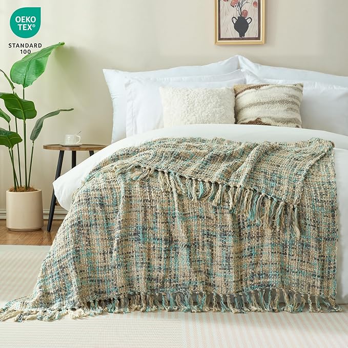Multi-Color Blue Grey Cable Knitted Throw Blanket for Couch,50"X60" Boho Style Textured Blankets for Home Decor,Super Soft Warm Cozy Chunky Knit Blanket with Decorative Tassels for Bed