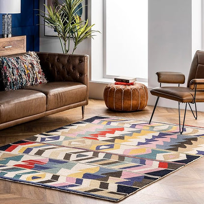 Nuloom Ofelia Handmade, Multicolor/Black, 8'6" x 11'6", Geometric, Wool, Soft and Cozy, High Traffic, Stain Resistant, Easy Clean, Durable Runner for Bedroom, Living Room, Dining, Den, Foyer