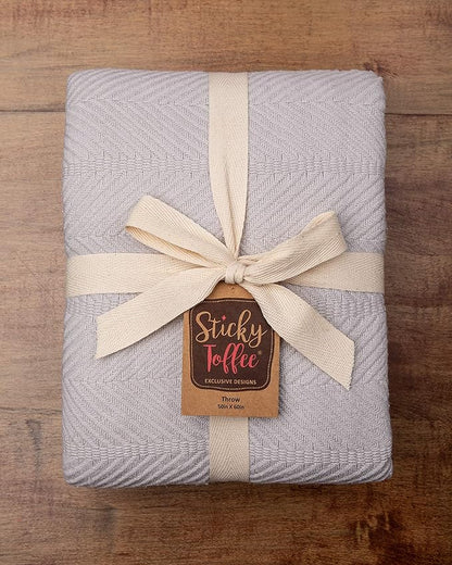 Sticky Toffee Cotton Throw Blanket 60x50 in – Light Gray Woven Lightweight Blanket for Couch or Bed, Soft Herringbone Weave, Boho Farmhouse Style