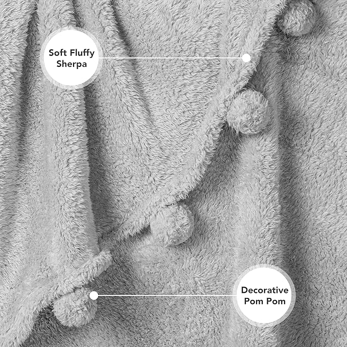 Pavilia Light Grey Sherpa Throw Blanket for Couch, Warm Plush Fuzzy Blanket Throw, Gray Sofa Throw, Lightweight Soft Cozy Fluffy Blanket with Pom Poms, Light Gray, 50x60