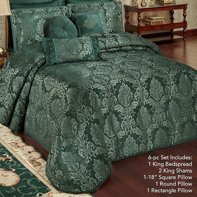 Touch of Class Camelot Luxury Bedding | Striking Emerald Green | Matte Satin Damask on Textured Jacquard-Woven Chenille 6 Piece Set Includes King Bedspread, 2 King Shams, and 3 Decorative Pillows