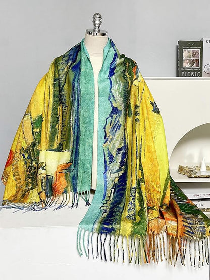 VENVSBEE Reversible Scarf Soft Large Shawl Wrap Blanket Double Sided Art Print Warm Pashmina Stoles Klimt Van Gogh Gifts