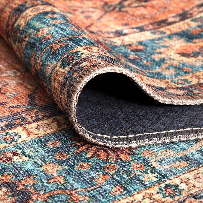 Bloom Rugs Washable Non-Slip 10x14 Rug - Orange/Teal Blue Traditional Bordered Area Rug for Living Room, Bedroom, Dining Room, and Kitchen - Exact Size: 10' x 14'