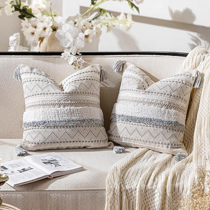 BlissBlush Gray Decorative Throw Pillow Cover 18X18 Combo Set of 2 Square Boho Neutral Grey Accent Pillowcase Tassels Farmhouse Cushion for Couch Sofa Bedroom Living Room Home Décor Cover ONLY