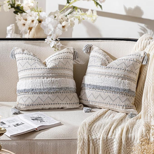 BlissBlush Gray Decorative Throw Pillow Cover 20x20 Combo Set of 2 Square Boho Neutral Grey Accent Pillowcase Tassels Farmhouse Cushion for Couch Sofa Bedroom Living Room Home Décor Cover ONLY