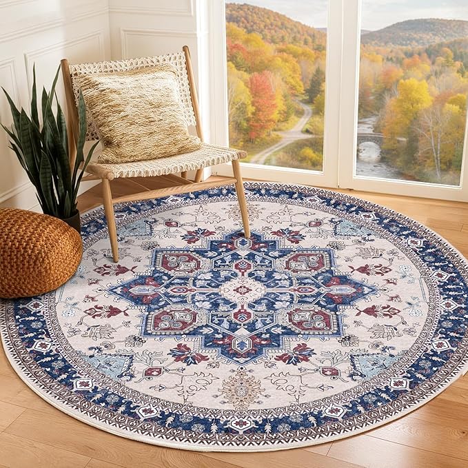 OPPODREAM Thin Round Rug 6ft, Washable Circle Rug 6ft with Non Slip Backing Play Room, Low-Pile Carpet 6 ft, Faux Cashmere Throw Carpet, Navy Blue & Red & Cream