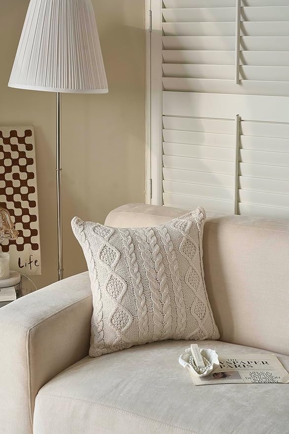 DOKOT Knit Throw Pillow Cover Decorative Cable Braid and Diamond Knitting Square Warm Cushion Cover (Beige, (18x18 inches(45x45cm))