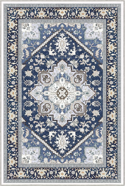 OPPODREAM Thin Area Rugs 5x7, 5x7 Washable Rug with Non Slip Backing, 5 x 7 Faux Cashmere Low-Pile Carpet, Navy Blue & Gold