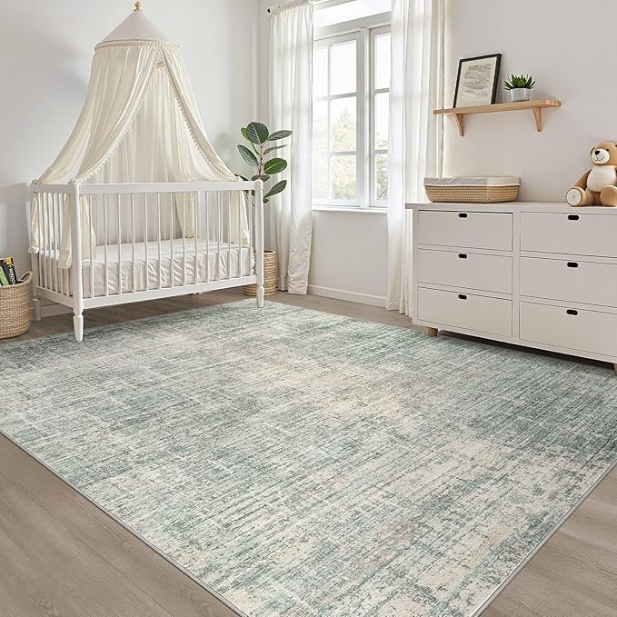 4x6 Rug Washable Area Rugs: Neutral Abstract Soft Modern Stain Resistant Small Indoor Floor Non-Slip Low Pile Throw Carpet for Entryway Kitchen Bedroom Nursery Kids Office Playroom Home House- Green