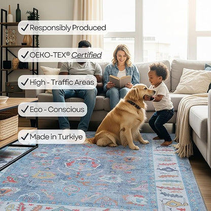 Fame Rugs Blue Modern Oushak Rug 2x3, Vintage Doormat Turkish Colorful Oriental Antique Inspired Washable Small Area Rug, Luxury Living Room Bedroom (381LB, 2' x 3')