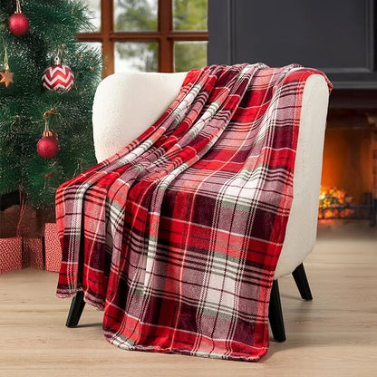 PAVILIA Throw Blanket | Holiday Christmas Red Fleece Blanket | Soft, Plush, Warm Winter Cabin Throw, 50x60 (Red Green Plaid)