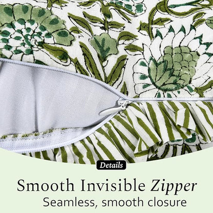 CPC Agate Green 100% Cotton Block Print Ruffle Sham Cover 20X30 inch Pack of 2, Handmade Boho Floral Pillowcase, Soft Decorative Queen Bed Pillow Cover for Bedroom Décor