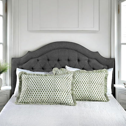 CPC Emerald Green 100% Cotton Block Print Ruffle Pillow Cover 20X30 inch Pack of 2, Handmade Boho Floral Pillowcase,Soft Decorative Queen Bed Pillow Cover for Bedroom Décor
