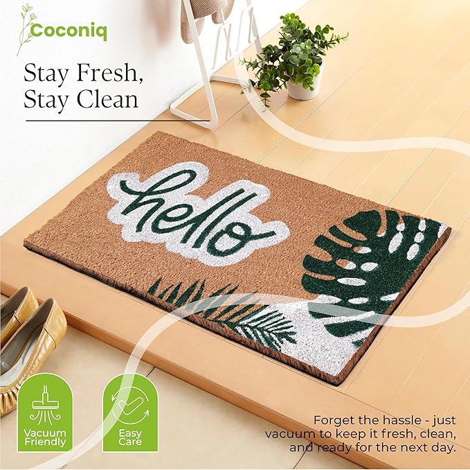 Coir Door Mats 17" X 30", Non-Slip Sturdy, PVC Backed Heavy Duty, Easy to Clean, Ideal for Door Entrance, Patio, Porch, Backyard, Garages, Hello - Green Leaves