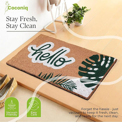 Coir Door Mats 17" X 30", Non-Slip Sturdy, PVC Backed Heavy Duty, Easy to Clean, Ideal for Door Entrance, Patio, Porch, Backyard, Garages, Hello - Green Leaves