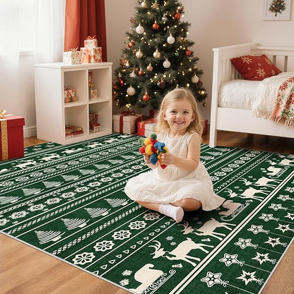 Abstract Living Room Rug 5X7 - Modern Washable Christmas Soft Thin Area Rug for Living Room Bedroom Under Dining Table - Neutral Indoor Floor Rug Carpets for Home Office Playroom Nursery - Dark Green