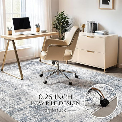 Abstract Living Room Rug 7x9 - Modern Washable Soft Thin Area Rug for Living Room Bedroom Under Dining Table - Neutral Indoor Floor Rug Carpets for Home Office Playroom Nursery - Blue Grey