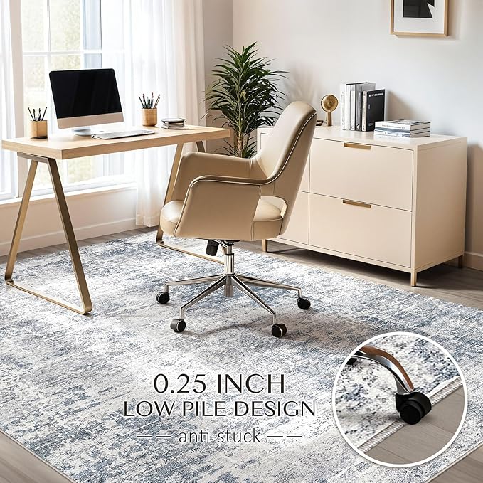 Abstract Living Room Rug 8x10 - Modern Washable Soft Thin Area Rug for Living Room Bedroom Under Dining Table - Neutral Indoor Floor Rug Carpets for Home Office Playroom Nursery - Blue Grey