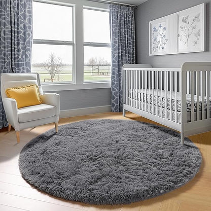 ONASAR Grey Round Area Rugs 6ft, Fluffy Gray Soft Bedroom Circle Rug for Kids Girls Boys Teen Room, Fuzzy Plush Shaggy Floor Carpet Mats for Dorm Nursery Living Room Playroom Home Office Decor