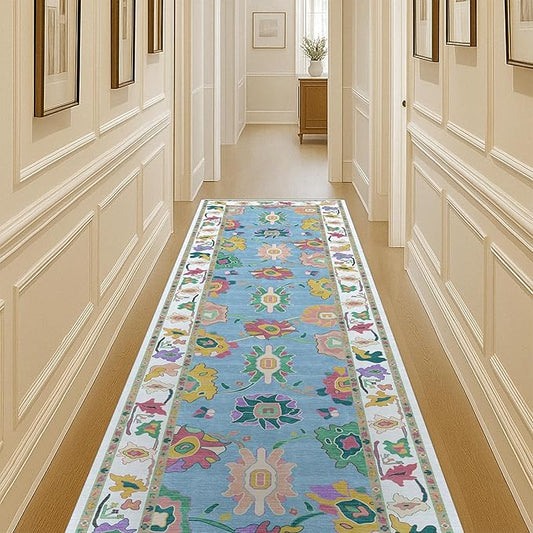 Fame Living Colorful Oushak Runner Rug, Modern Runners, Turkish, Eclectic, Floral, Pastel, Washable, Small Throw Rugs, Short Runner for Entryway, Laundry, Foyer, Bedroom, Kitchen, Bathroom, 2'5"x6'5"