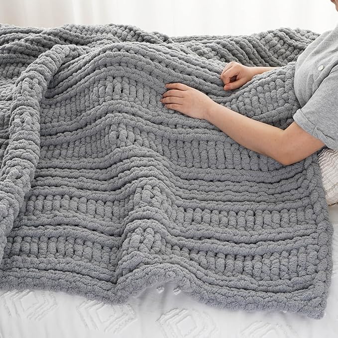 Battilo Light Grey Chunky Knit Throw Blanket for Couch, Thick Warm Cozy Soft Chenille Throw Blanket, Handmade Cable Knit Blanket for Sofa,Bed, Living Room, 50"x60"
