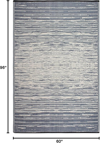 Fab Habitat Outdoor Rug - Waterproof, Fade Resistant, Crease-Free, Reversible - Premium Recycled Plastic - Distressed Abstract Stripes - Patio, Porch, Deck, Balcony - Brooklyn - Blue - 5 x 8 ft