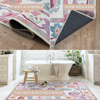 Fame Living Pink Oushak Runner Rug, Modern Runners, Turkish, Eclectic, Floral, Pastel, Washable, Small Throw Rugs, Short Runner for Hallway, Entryway, Laundry, Bedroom, Kitchen, Bathroom, 2'5"x6'5"