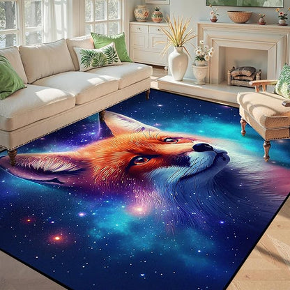 5' X 7' Galaxy Fox Rug 3D Cute Foxes Area Rugs for Bedroom Living Room Playroom Boys Kids Cartoon Colorful Carpet Glitter Stars Throw Rugs Floor Mat